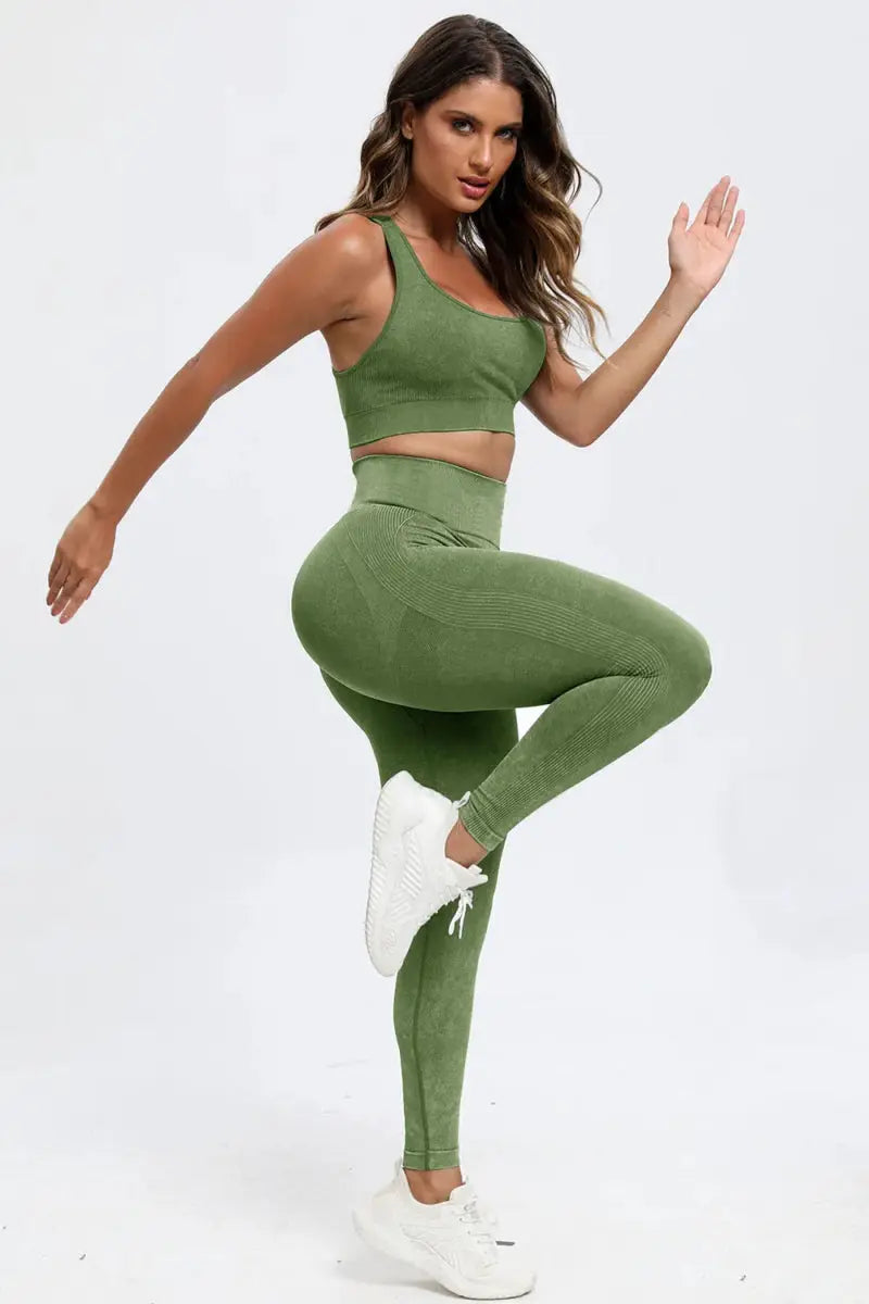 3 Piece Washed Square Neck Wide Strap Active Set for Women - Love Salve